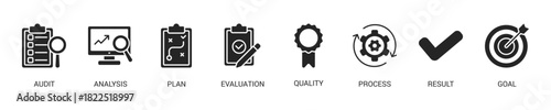 Assessment Glyph Icon Set For Web Banner. Vector Illustration Concept With Some Icons. Designed In Glyph Style