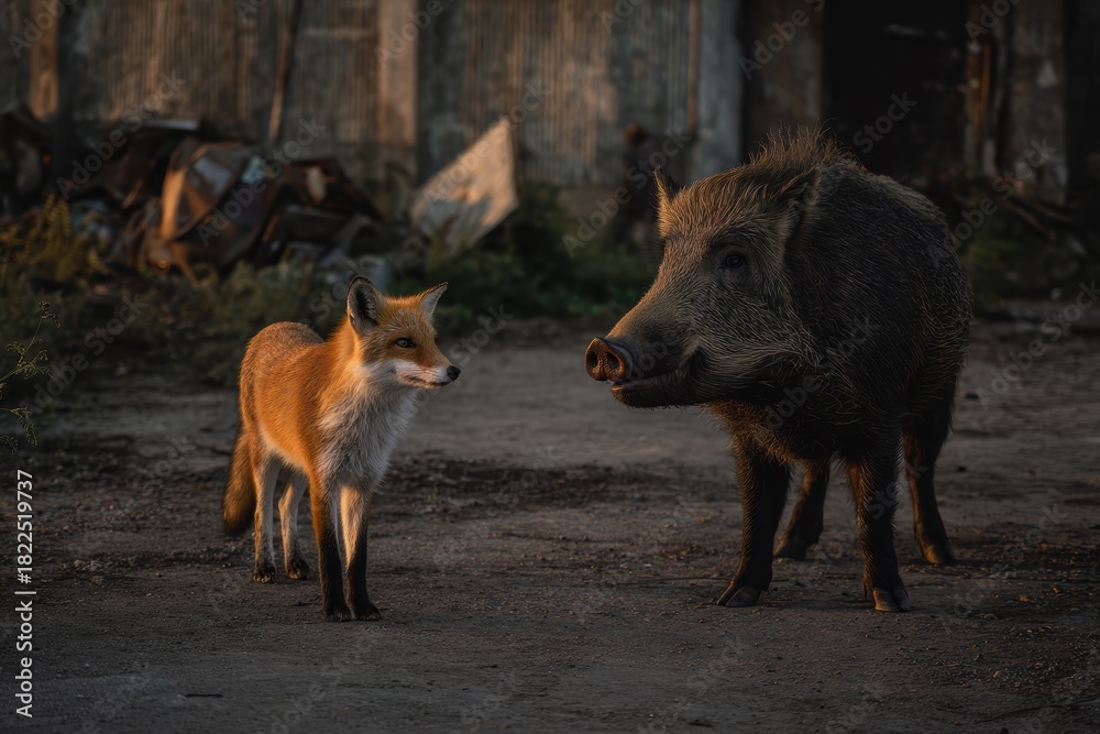 Naklejka premium Red fox and wild boar facing each other in a derelict setting at dusk, realistic digital art