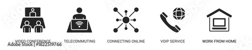 Remote Working Glyph Icon Set For Web Banner. Vector Illustration Concept With Some Icons. Designed In Glyph Style