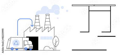 Truck unloading recyclable waste into a factory with chimneys emitting smoke. Adjacent abstract technical machine diagram. Ideal for sustainability, recycling, manufacturing, logistics, eco-industry