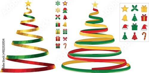 Vibrant 3D spiral ribbon Christmas tree illustration, a colorful new year holiday celebration design
