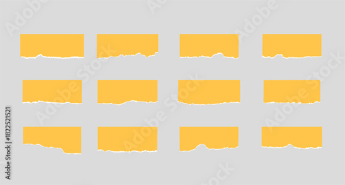 Set of vector torn paper pieces. Yellow, rectangular stickers with white ripped edge