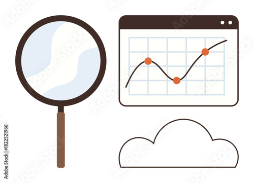 Magnifying glass enlarging details, a graph with upward trend and data points, paired with cloud storage icon. Ideal for data analysis, market trends, cloud computing, research, statistics, growth