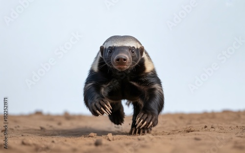 honey badger sprinting directly toward the camera, claws digging into the ground.