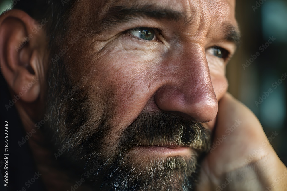 Obraz premium Close up of an adult man with salt and pepper beard resting his head on his hand