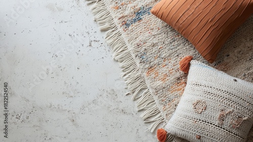 Top view of cozy home decor with textured pillows and a shag rug. Bohemian interior design flat lay with copy space