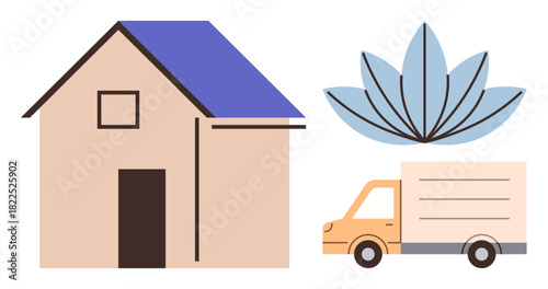 House with a blue roof, orange delivery truck, and lotus flower symbolizing real estate, eco-friendly transport, green living, delivery, relocation, sustainability and clean energy. Simple flat