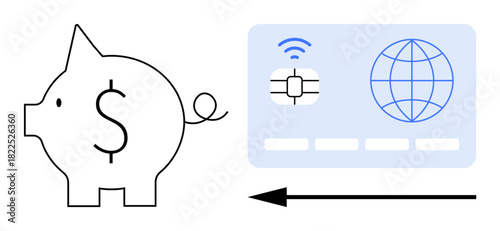 Digital banking concept. Digital banking with a piggy bank icon and chip-enabled card for efficiency. Digital banking promotes secure, modern financial transactions. For fintech, banking, finance