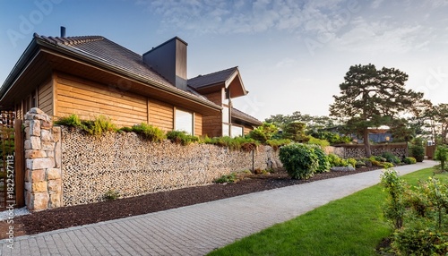 stone filled gabion wall protecting residential building wooden roofed bordered by landscaped pathway with surrounding greenery