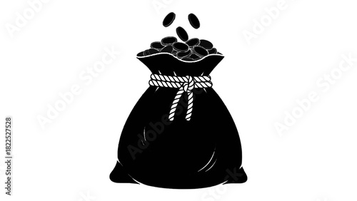Vector illustration of black and white illustration of a full money bag with coins falling into the opening, isolated on transparent background