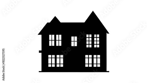 Vector illustration of black silhouette of a twostory house with multiple windows and steep roofs isolated on transparent background