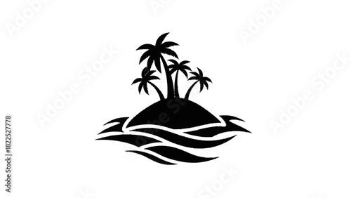 Vector illustration of black and white silhouette icon of a small tropical island with palm trees surrounded by stylized water waves isolated on transparent background