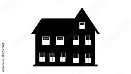 Vector illustration of black silhouette icon of a traditional twostory house with multiple windows and a steep roof isolated on transparent background