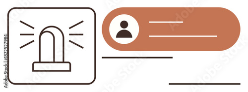 Alert beacon with light rays next to user profile interface in clean lines and simple layout. Ideal for safety, alerts, notifications, communication, warning systems, emergency, user interaction