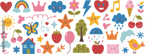 Cute Hand Drawn Doodle Elements And Icons Keywords: heart, rainbow, crown, cloud, flower