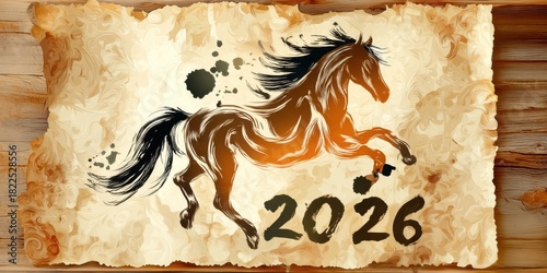 Silhouette of a running horse in ink-brush style with 2026 text painted on an aged parchment scroll lying on wooden boards, vintage design for the Year of the Horse.