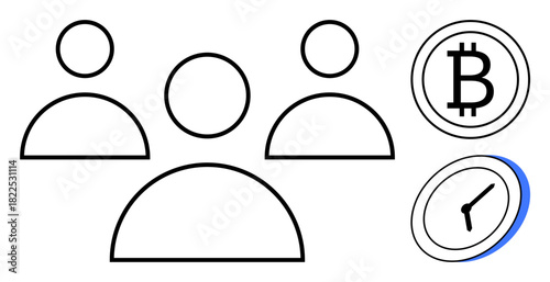 Simplified human figures representing teamwork alongside Bitcoin symbol and clock icon. Ideal for finance, cryptocurrency, time management, collaboration, productivity, blockchain, efficiency. Simple