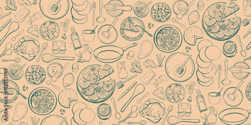 Backing tart Ingredients Doodle Seamless Pattern in Retro Style
