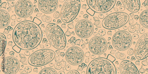 Vegetarian meal for vegetable salad seamless pattern. Food menu design background in retro style