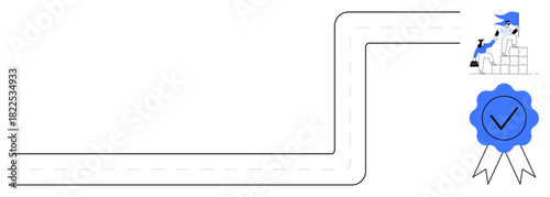 Curved road with milestones, character climbing boxes toward a goal, award ribbon with checkmark. Ideal for success, growth, planning, progress, achievement certification goals. Simple flat