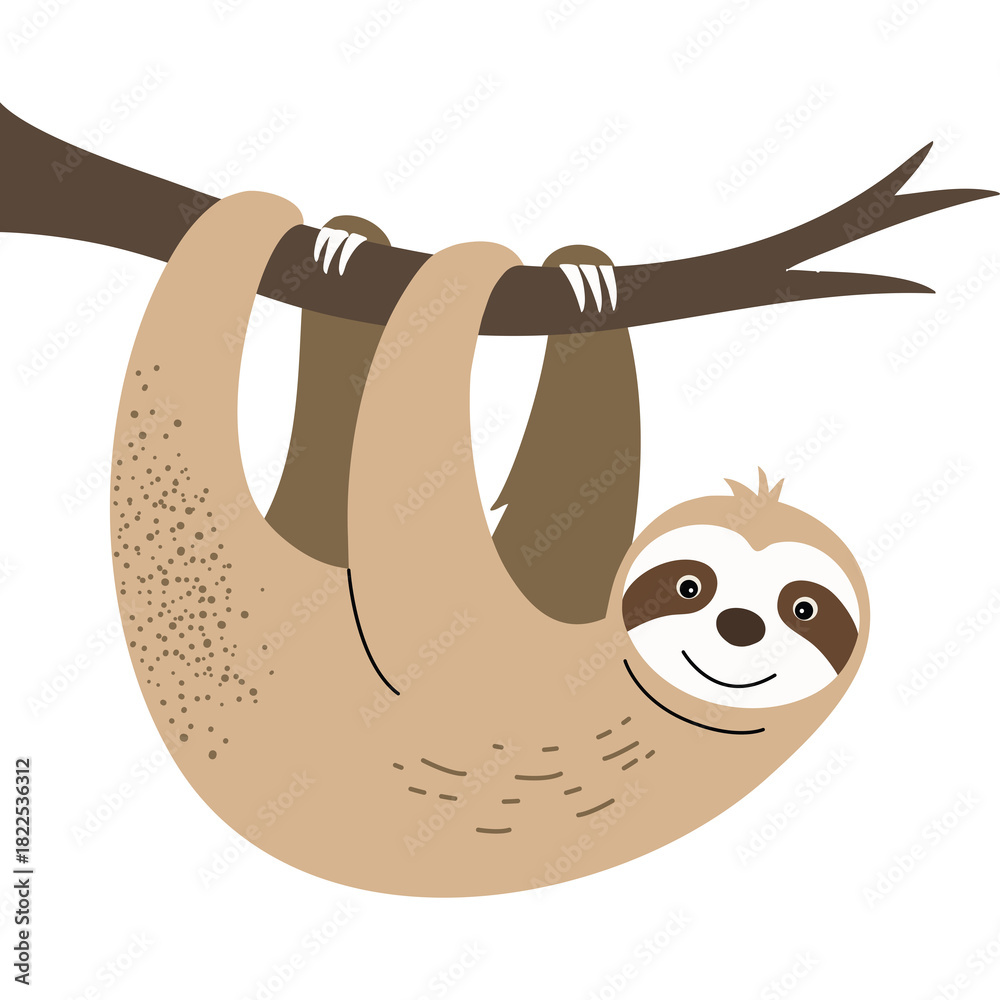 Fototapeta premium Cute Beige Sloth Hanging From A Tree Branch With A Friendly Smile And Dark Brown Eyes Isolated On A White Background Digital Art