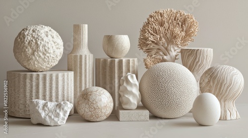 Arrangement of various white textured sculptures on pedestals against a soft background