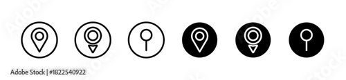 Location and map marker icons in outline and solid variations, Navigation Symbol Set, GPS Position Vector, Minimal Geolocation Graphic, Vector illustration.