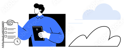 Man holding checklist and tablet, clock symbolizing time management. Ideal for productivity, organization, scheduling, deadlines, workflow, project management time tracking. Simple flat metaphor
