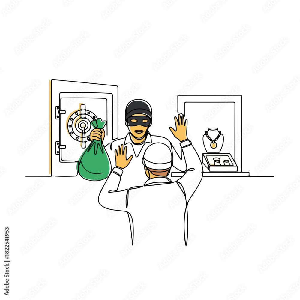 Obraz premium Jewelry store robbery with thief holding money bag while cashier raises hands. Jewelry store robbery with dramatic tension and minimalist line art captures moment.