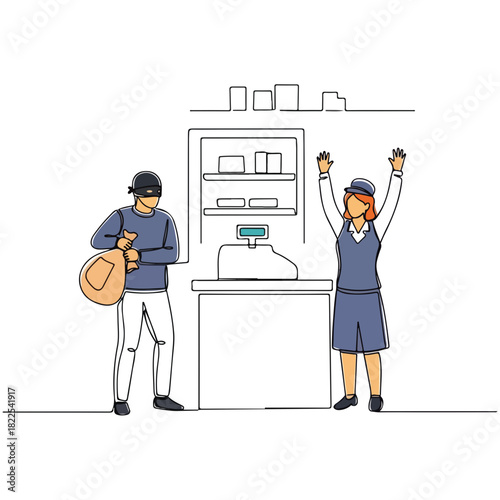 One line drawing of a robber at the counter of store, with clerk. One line drawing of a thief with a bag of money and a clerk with raised hands, in a robbery scene.