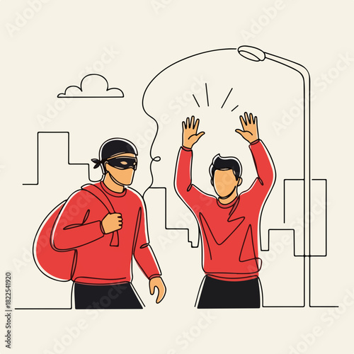 Isolated outline drawing robber pointing at person in city requires hands up. Robber in mask threatens person and demands to put their hands up.