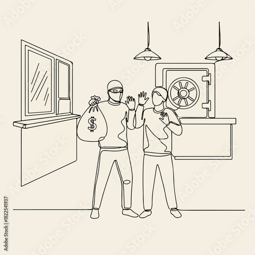 Crime scene with bank robbery in progress showing thieves holding bag of money near safe. Crime scene requires investigation and security measures against criminals with cash.