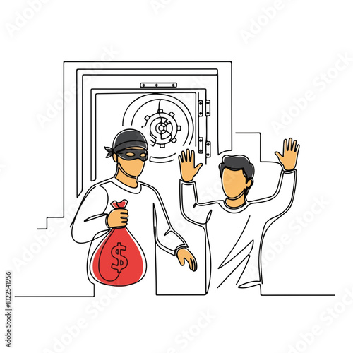 Bank robbery illustration shows bandit holding money bag and forcing hostage to raise hands. Bank robbery drawing illustrates an unlawful act.