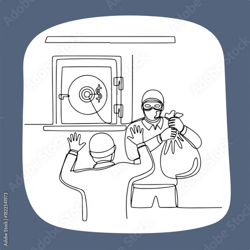 Line art of bank robbery in progress, with masked thief demanding money. Bank robbery concept shows thief with money sack, another person with raised hands.