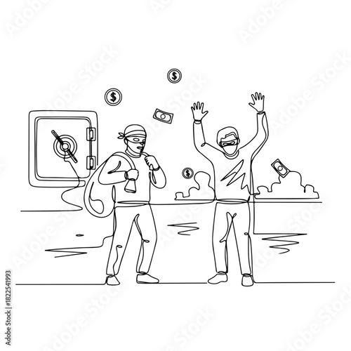 Crime scene with bank robbery in continuous line art presents criminals. Bank robbery outline showcases culprits with bag, money and safe.
