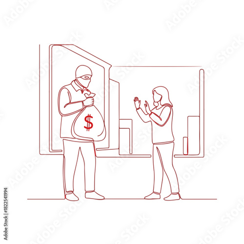 Conceptual robbery scene illustrating crime, person with money bag, and victim in single line drawing. Crime occurs when criminal steals during robbery, while person is terrorized.