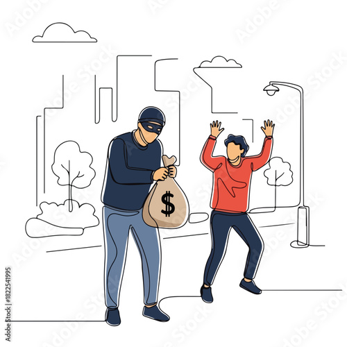 Street robbery depicted by a masked robber holding money bag. Street robbery involves theft and intimidation in public. Conceptual street robbery scene illustrating crime, fear,
