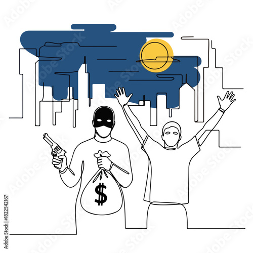 Depicting a crime scene with masked robber holding gun and money bag, against city skyline. Crime scene artwork shows surrender and despair. Visualizing crime scene action,
