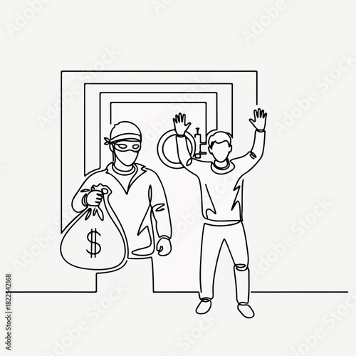 Continuous line drawing shows a robbery situation with burglar wearing mask and carrying money bag. Continuous line drawing reflects crime concept with victim threatened by thief,
