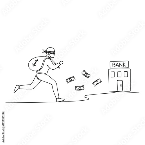 Running from bank with stolen money bag on white background. Concept running from bank for illegal activity. Escape running from bank after robbery. Symbolizes theft, crime, and financial risk.