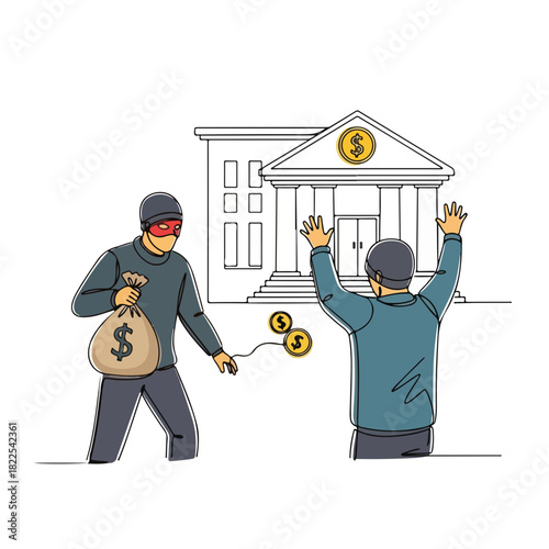Single continuous line drawing depicts a bank robbery, with burglar holding cash sack. Depicting bank robbery and criminal activity, a robber escapes with money while victim surrenders.