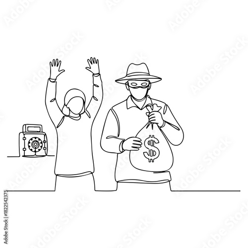 Single continuous line drawing of bank robbery scene, one person with hands up while criminal steals money, single continuous line drawing depicting crime and theft.