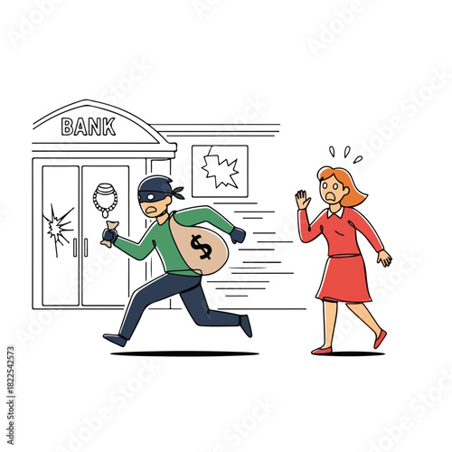 Bank robbery with masked thief running from bank with loot while shocked woman witnesses scene. Bank robbery scene demonstrates consequences of crime. Depicts bank robbery for educational purposes,