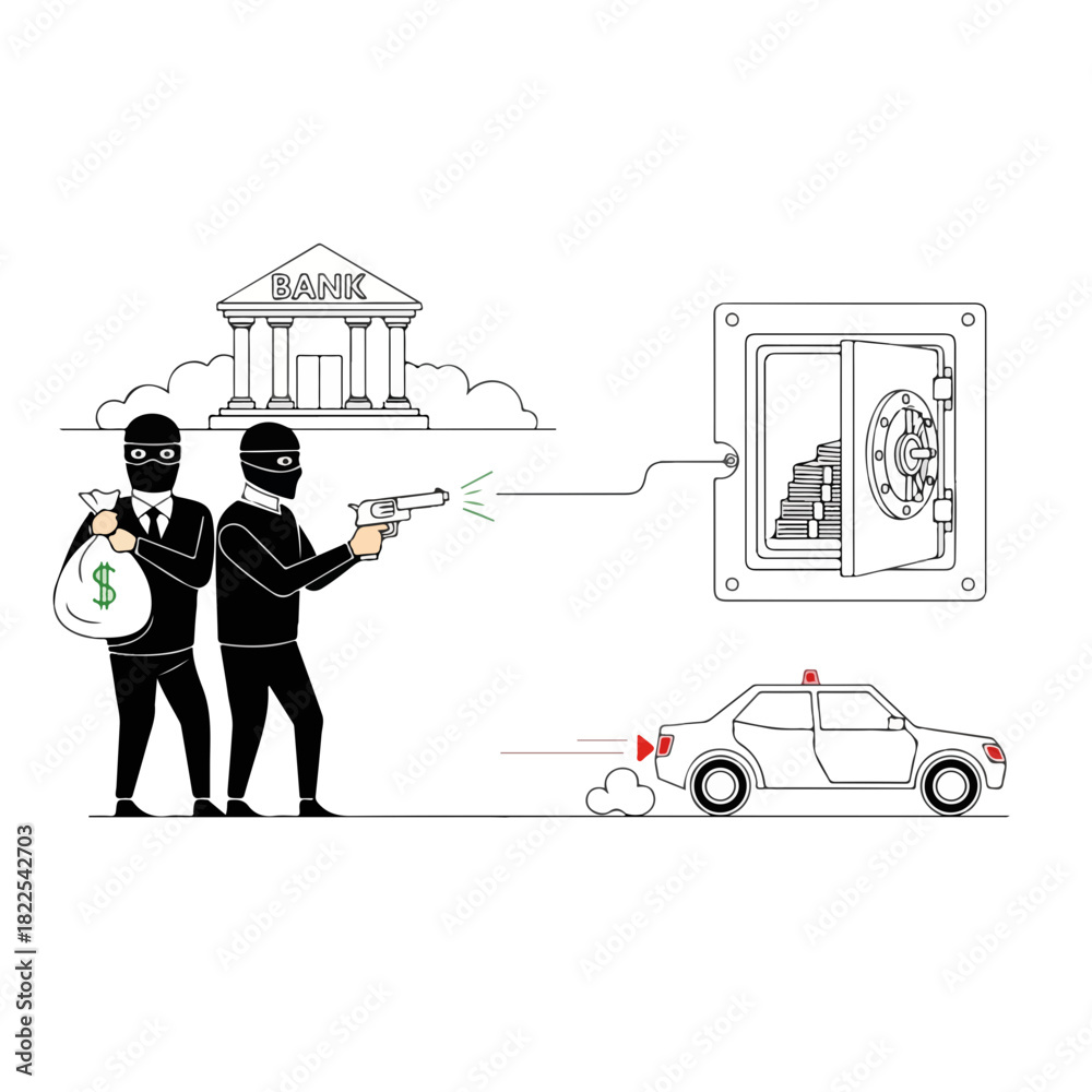 Obraz premium Bank robbery scene with robbers escaping and police car chasing them, Bank robbery depicted in outline sketch illustration with two criminals, one with a gun, and another carrying money bag,