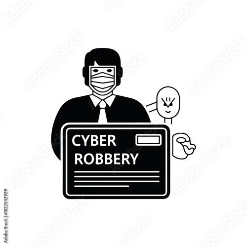 Cyber robbery with figure wearing mask and tie presenting dark card, cyber robbery protection is very important in modern world. Metaphor of cyber robbery, concept of malware, viruses,