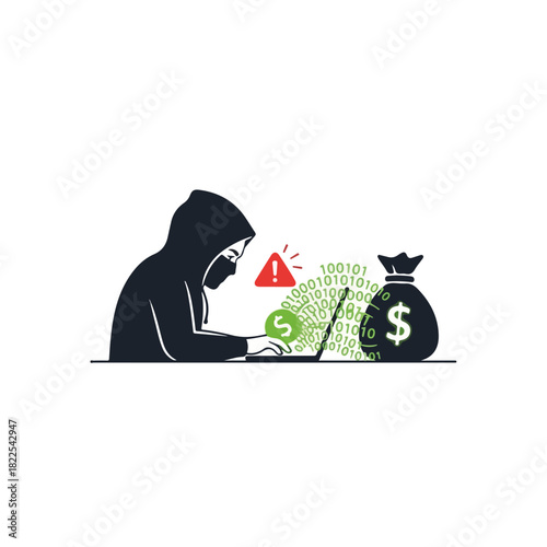 Hacker using laptop to steal money, cyber security breach concept, digital crime. Hacker working online on computer to steal money with a money bag in the background, showing digital fraud.