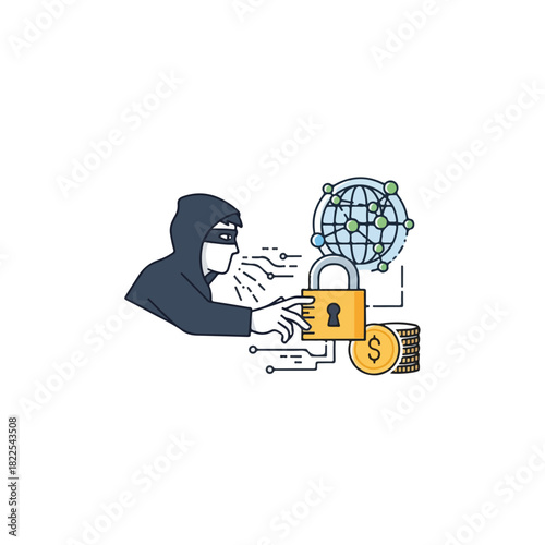 Cyber crime illustration of hooded figure with mask reaching for padlock, money, and globe. Cyber crime conceptual depiction of hacking, data breach, and online fraud.