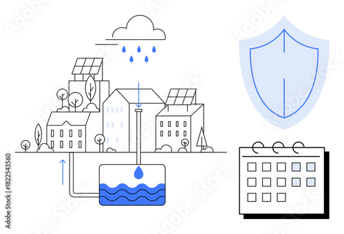 Rainwater harvesting system in a cityscape, solar panels, shield for protection, and calendar for planning. Ideal for sustainability, urban development, water management, energy efficiency, eco