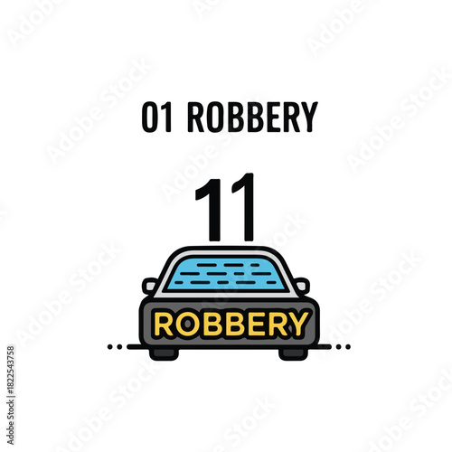 Illustrated robbery icon depicting car and number, symbolic of theft incident. This robbery icon represents criminal act and law violation,