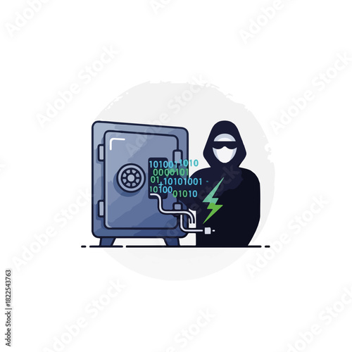 Cyber security breach featuring hooded hacker breaking into safe deposit box with binary code. Cyber security breach concept showing digital theft and unauthorized access of confidential information.